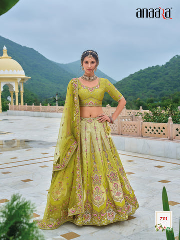 Mehendi Shaded Beautiful Traditional Designer Elegant Embroidery Work Cut Work Silk Lehenga - 7111